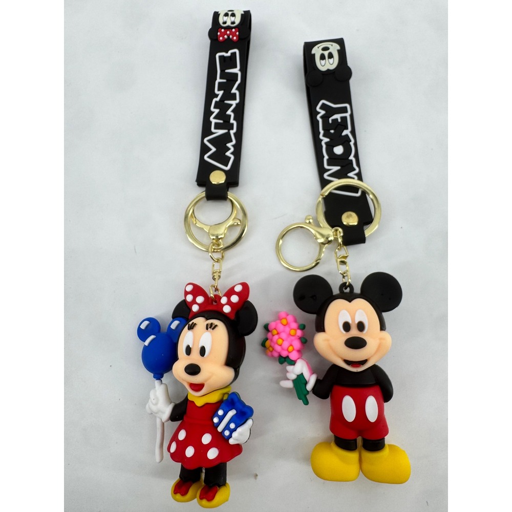 Disney Mickey and Minnie Mouse 3D Rubber Keychain Set with Wristlet Straps
